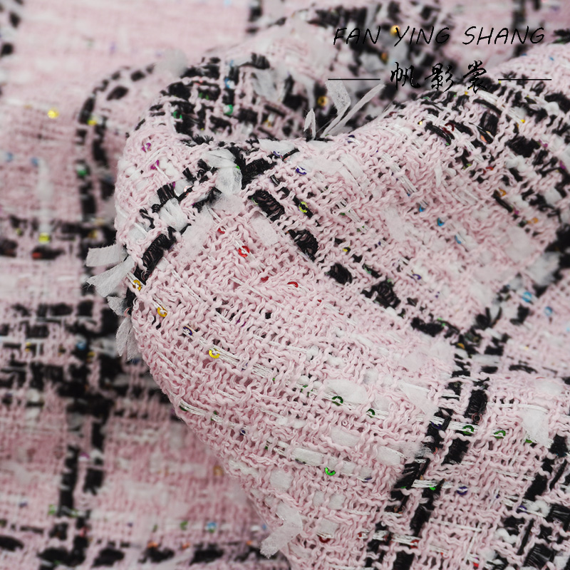 Sewing Tweed Fabric - Pink Classical Big Plaid Colored Sequins